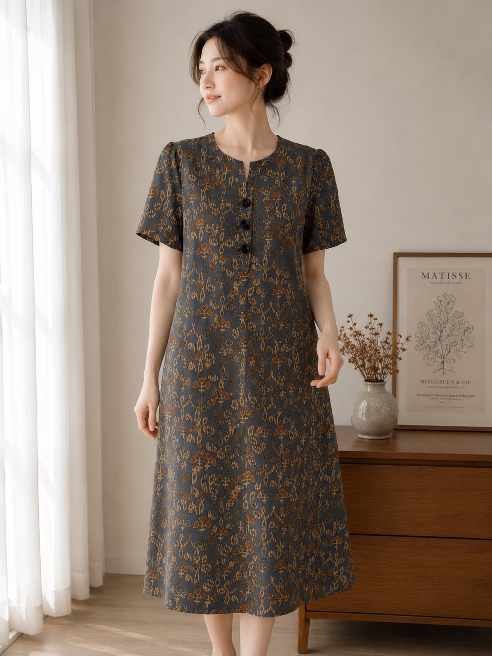 Women’s Dark Gray Floral Midi Dress with 3-Button Front – 110 cm